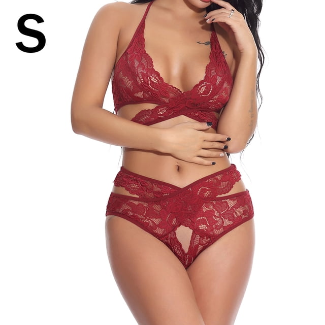 Conjunto de ropa interior de malla de encaje para mujer, lencería sexy, ropa de dormir, ropa de dormir, rojo vino, S AweSitey XX000073-04