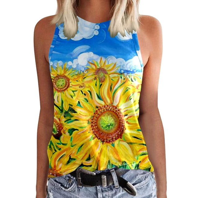 Playeras,Blusas y Tops,Ropa para Mujer Mujeres Workout Tank Tops Camiseta sin mangas informal de verano para mujer, camiseta sin mangas con cuello redondo y estampado de flores de girasol (Yellow, M)