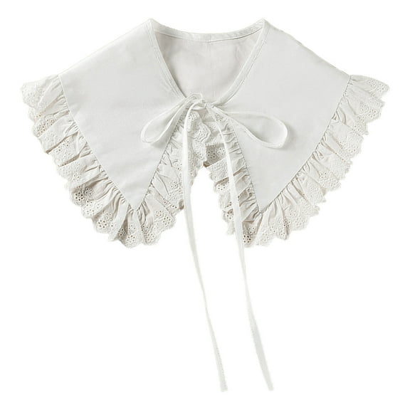 Royal Style Women Girls Cotton Fake Collar Shawl Wrap Hollow Out Floral Lace RuffledTrim Necklace Pointed for Triangle Lapel Blouse Short Capelet