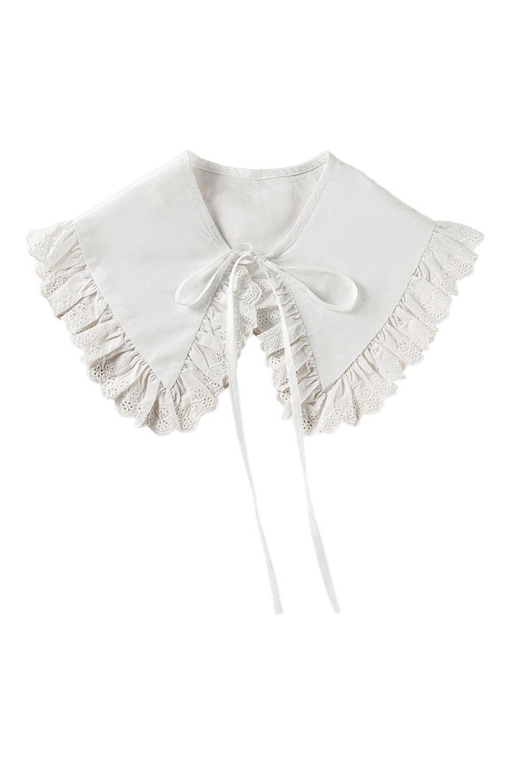 Royal Style Women Girls Cotton Fake Collar Shawl Wrap Hollow Out Floral Lace RuffledTrim Necklace Pointed for Triangle Lapel Blouse Short Capelet