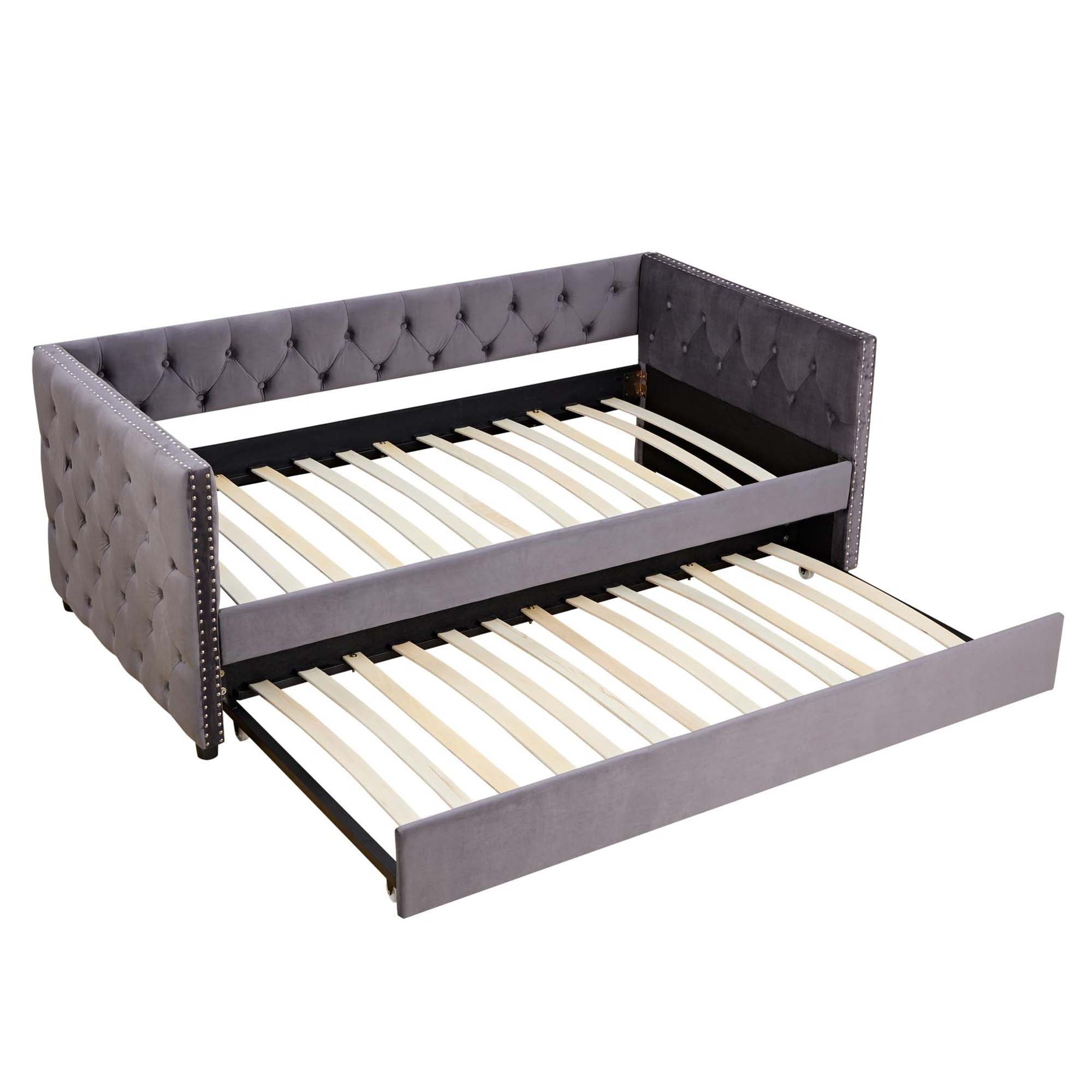 Aukfa Upholstered Daybed with Trundle, Twin Trundle Bed, Button Tufted - Gray