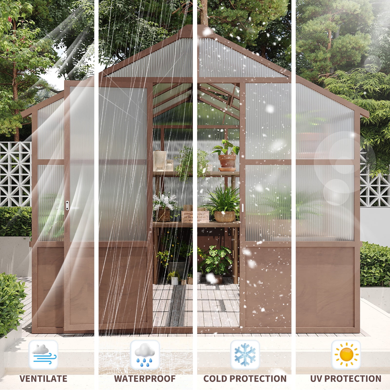 8x10 FT Premium Cedar Wood Greenhouse Kit, 6MM Twin-Wall Polycarbonate Panels, Walk-in Wooden Green House with Adjustable Vent & Lockable Door, Heavy Duty UV-Protected Garden Nursery for Outside