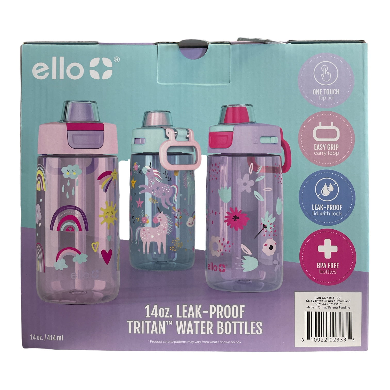 Ello Kids Leak-Proof Tritan Water Bottles, 14oz, Action World (3 Pack) 