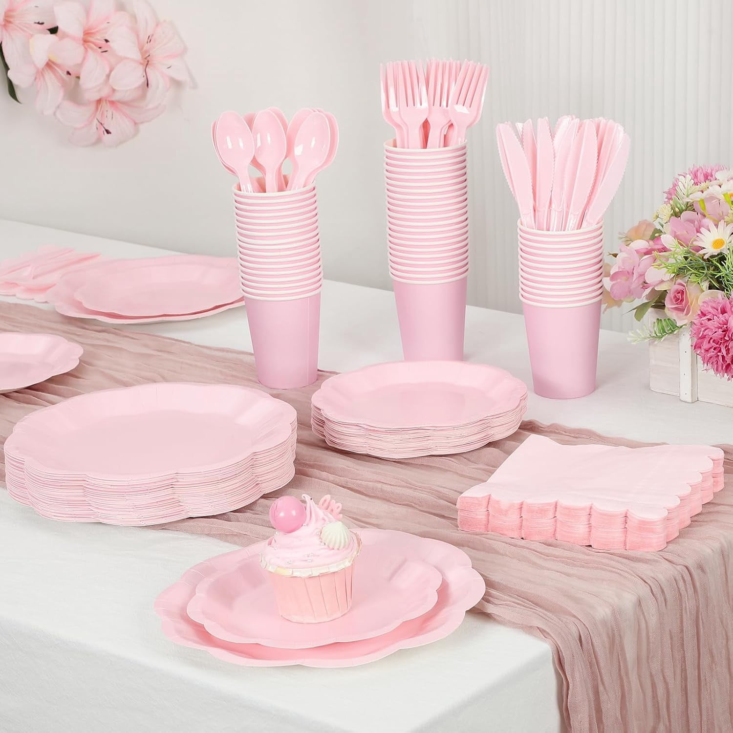 350 Pcs Cream White Scalloped Disposable Party Set For 50 Guests - Plates, Napkins, Cups, Utensils