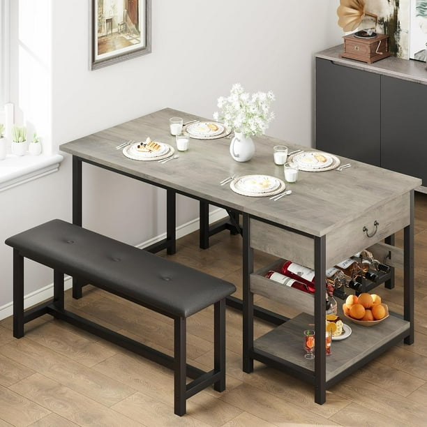 Juego de Comedor Vintage para 4, Mesa Retro con Bancos, Mesa de Cocina de 3 Piezas con Estructura Metálica y MDF