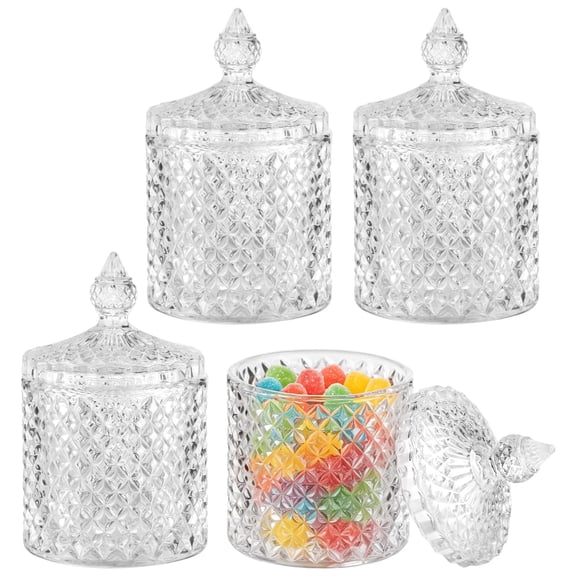 4 Pcs Crystal Glass Candy Jars with Lids, 260 ml / 9 oz Decorative Storage Box for Jewelry, Small Cookie Jar Sugar Bowl, Pointed Lid Canister for Home Party