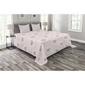 Shabby Chic Bedspread Set Pink Roses With Grey Leaves Garden Bedding Plants Spring Blossoms Decorative Quilted Coverlet Set With Pillow Shams
