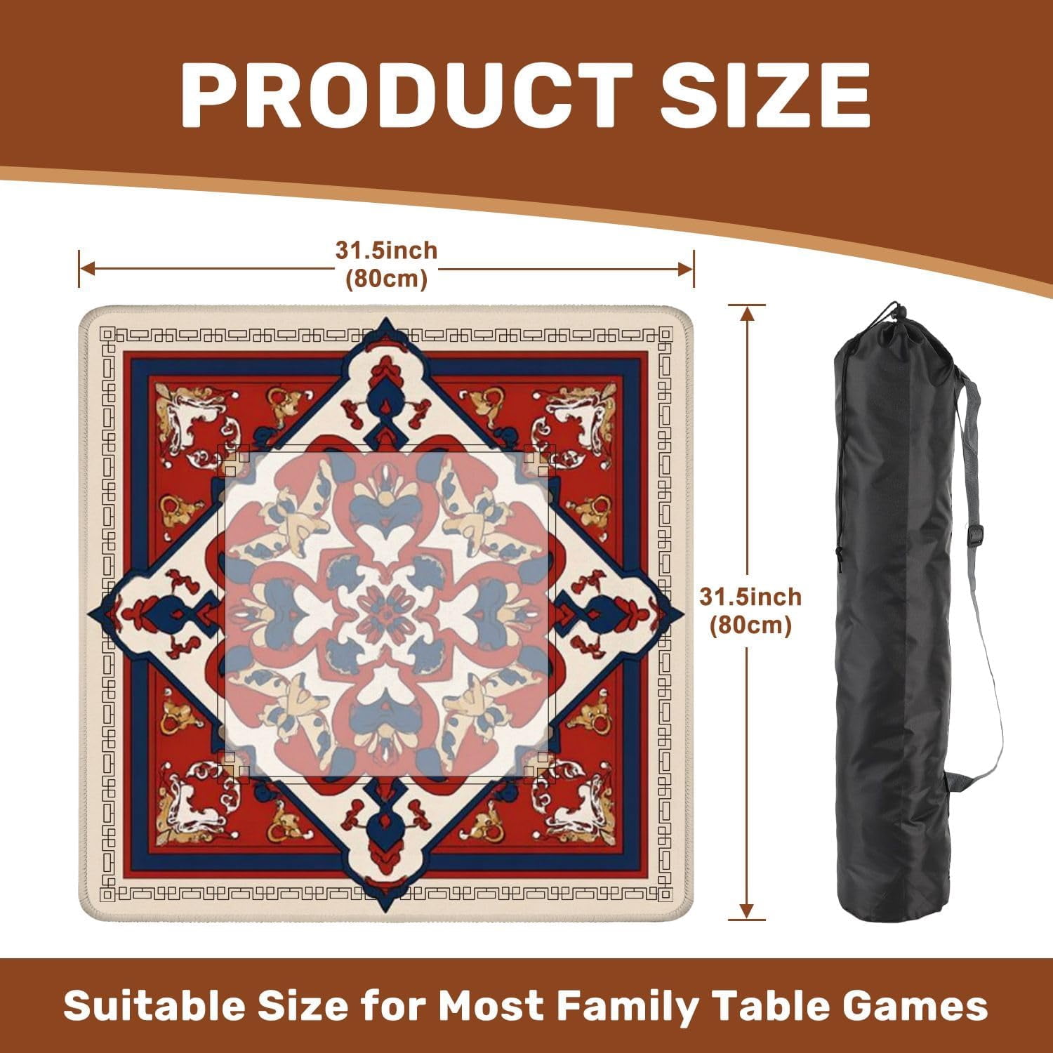 Mahjong Mat 31.5" x 31.5" Ornate Geometric Floral Red Blue Beige Vintage Decorative Style Non-Slip Noise Reduction Mahjong Tiles Table Cover for Dominoes Poker Card Board and Tile Games