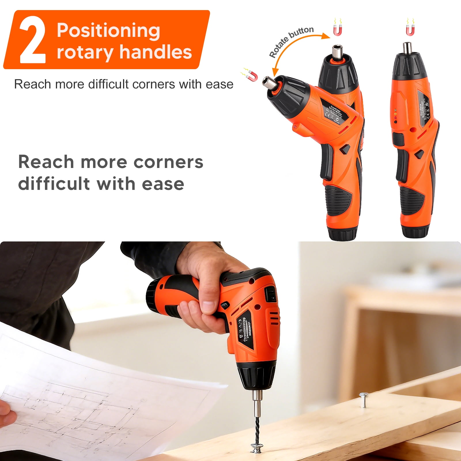 Small Hand-Held Electric Screwdriver Electric Screwdriver Set Handheld cordless drill Rechargeable Tool Can Be Rotated 90° Foldable Hand Drill Screwdriver Head 47-Piece Set with LED Light