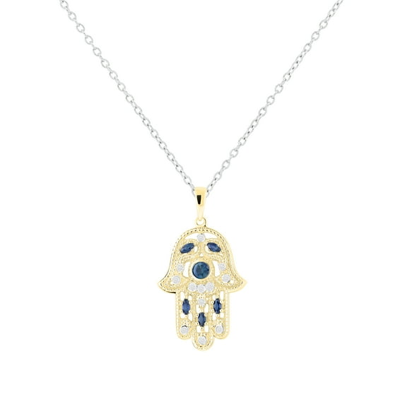 Dazzlingrock Collection Round & Marquise Blue Sapphire & Round White Diamond Hamsa Hand of Fatima Pendant for Women with Silver Chain (0.09 ctw, Color I-J, Clarity I1-I2) in 18K Yellow Gold