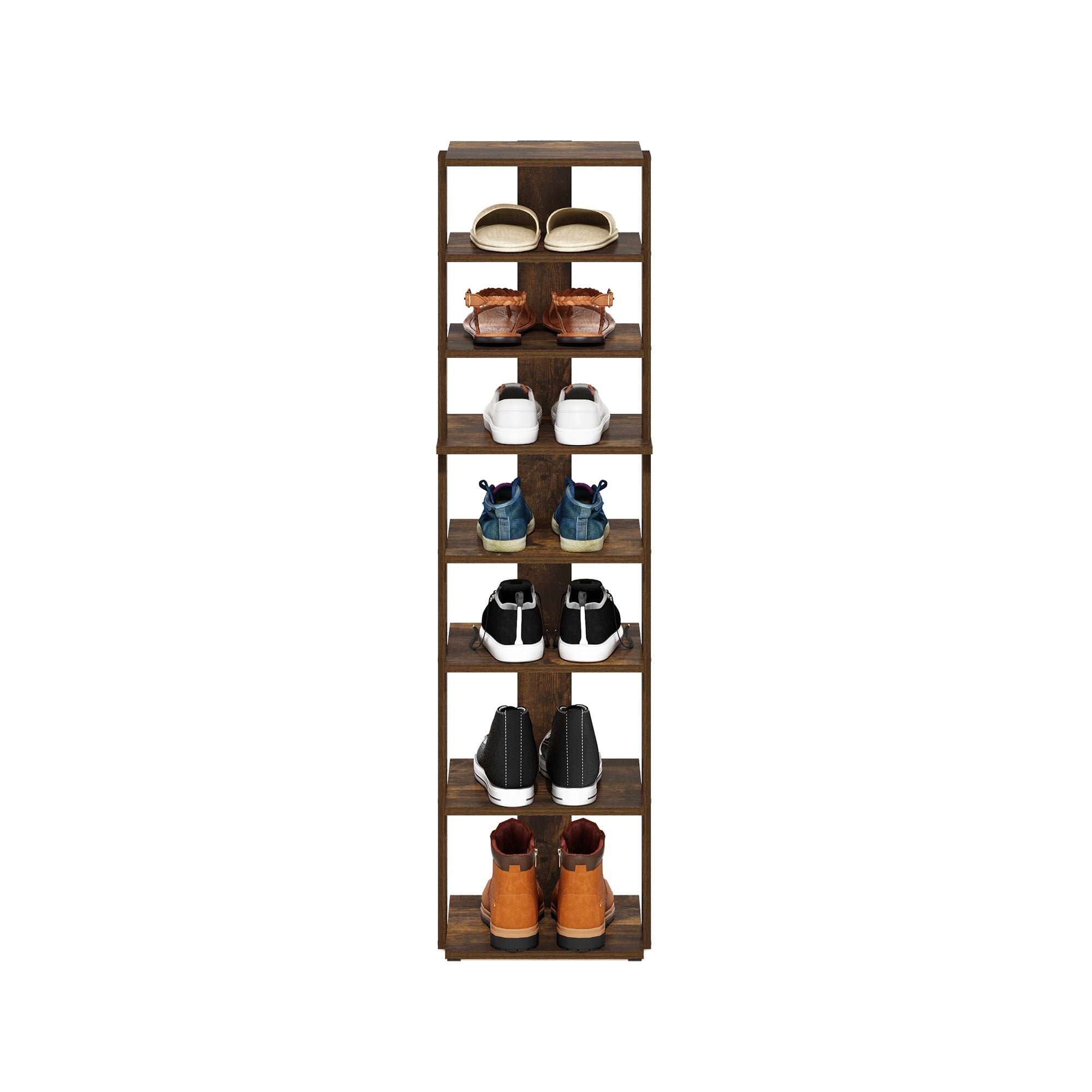 Furinno Compact 8-Tier Vertical Free Standing Shoe Tower in Shoe Rack Amber Pine
