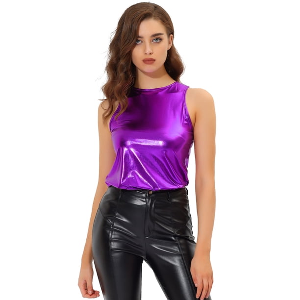 Camiseta Sin Mangas Allegra K Con Chaleco Brillante Metálico Para Fiesta Y Club Mujer Púrpura S