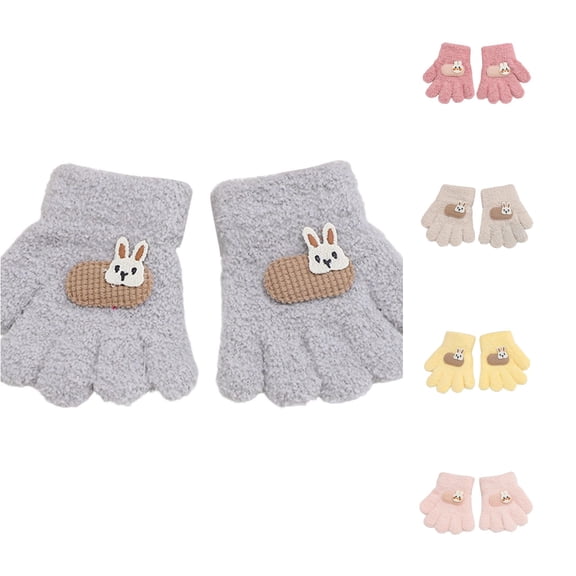 Krdevn Kids Five Finger Fuzzy Gloves Cute Bunny Applique Decor Soft Plush Thermal Warm Stretch Handwear for Boys Girls Cold Weather Daily Outdoor Winter Activities