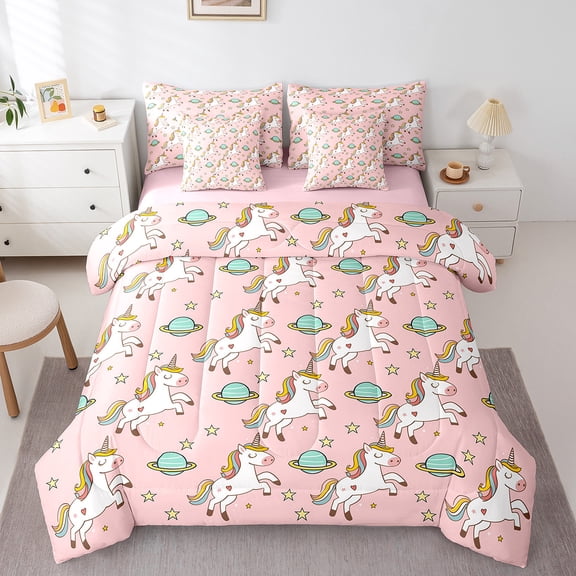 Castle Fairy Kawaii Unicorn Twin Bedding Sets,Cartoon Stars Print Bedding Comforter Set