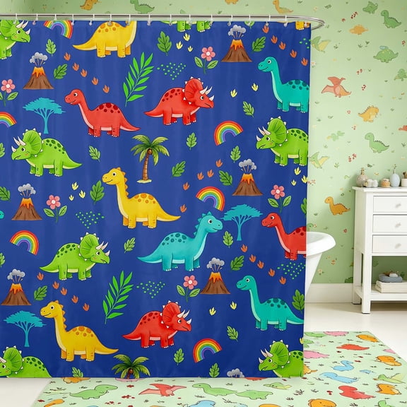 Manfei Cut Dino Animals Shower Curtain 72Wx72L,Kawaii Palm Tree Flower Bathroom Curtain,Blue Green