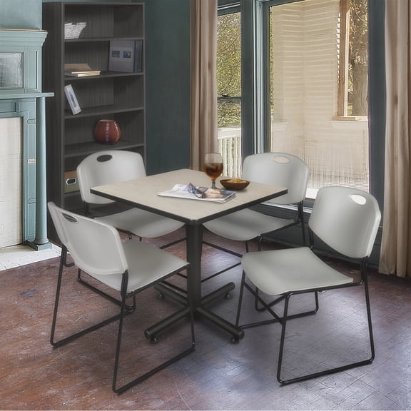 Kobe 30in. Square Breakroom Table- Maple & 4 Zeng Stack Chairs- Grey