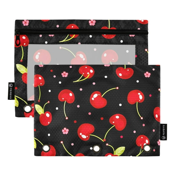 ALAZA 2 Pack Pencil Pouch Cherry Floral Black Pencil Case for 3 Ring Binder Clear Window Pencil Bag Organizers