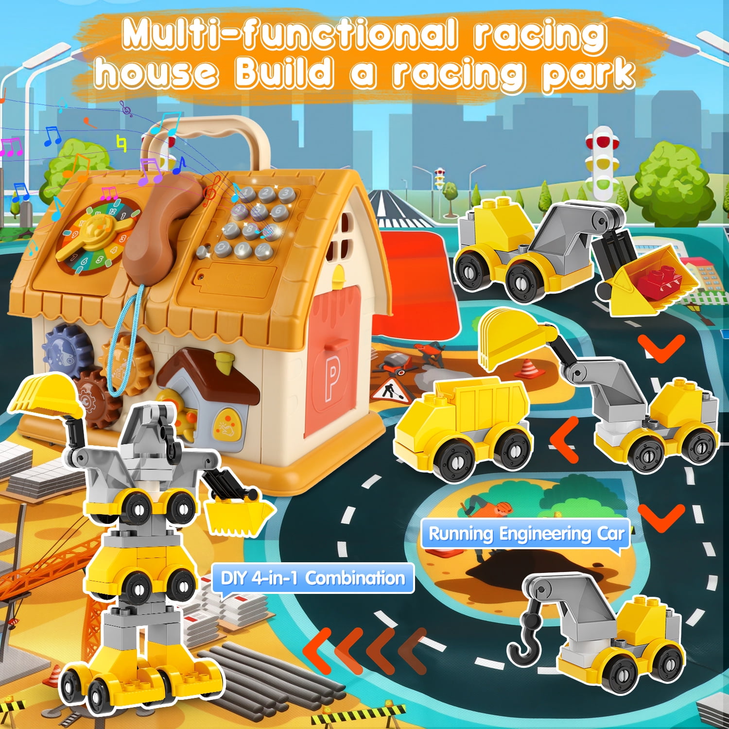 Huge Wave Toddler Montessori Toys for 1+ Year Old, 8-in-1 Multi-Functional Learning House, with 4 Building Cars and Map, Sound & Light Early Educational Kids Christmas Gifts