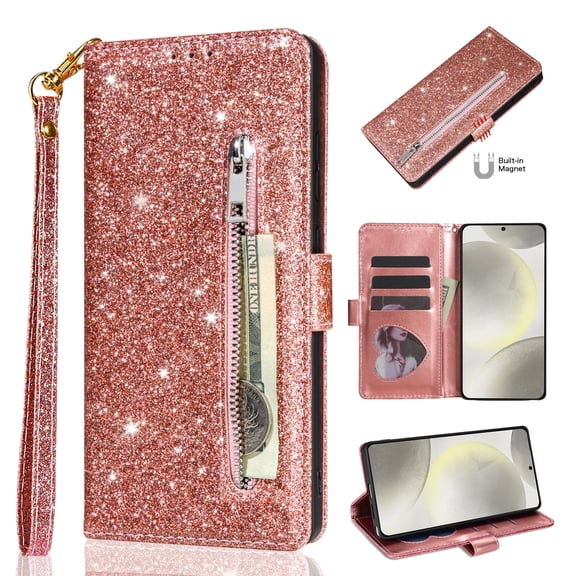 For iPhone 17 Pro Wallet Case,Glitter Sparkly Bling PU Leather Zipper Pocket with RFID Blocking Credit Card Holder Slots Shockproof Magnetic Clasp Folio Flip Stand Case,Rosegold
