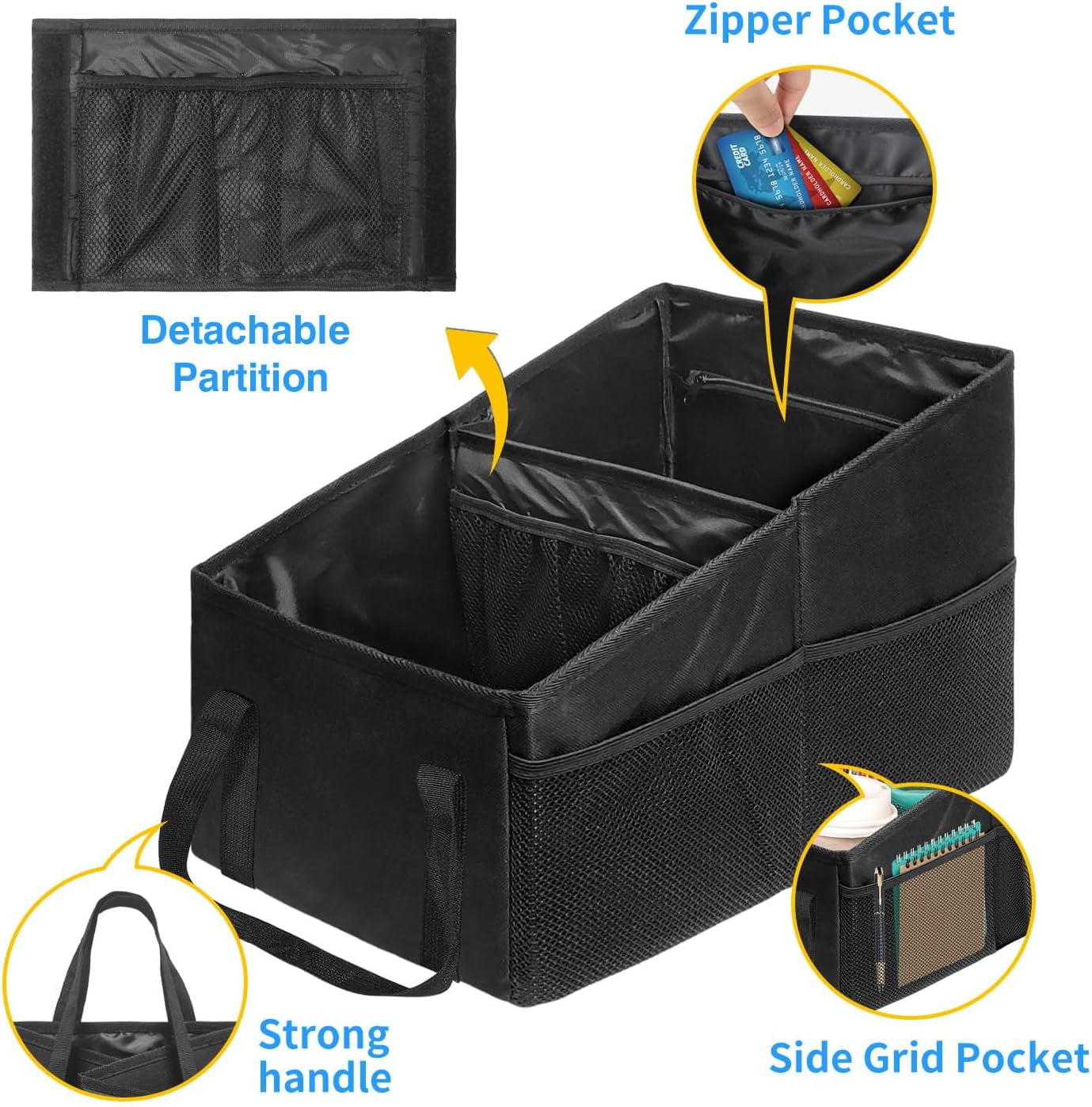 Car Organizer - Automotive Organizer for Front And Back Seat or Floor, Car Caddy Organizer with Divide, Handles and Multiple Mesh Pockets
