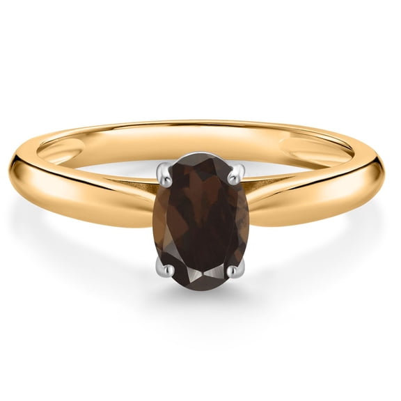 Gem Stone King 10K Yellow Gold Brown Smoky Quartz Solitaire Engagement Ring for Women (0.75 Cttw, Oval 7X5MM, Gemstone Birthstone, Size 9)