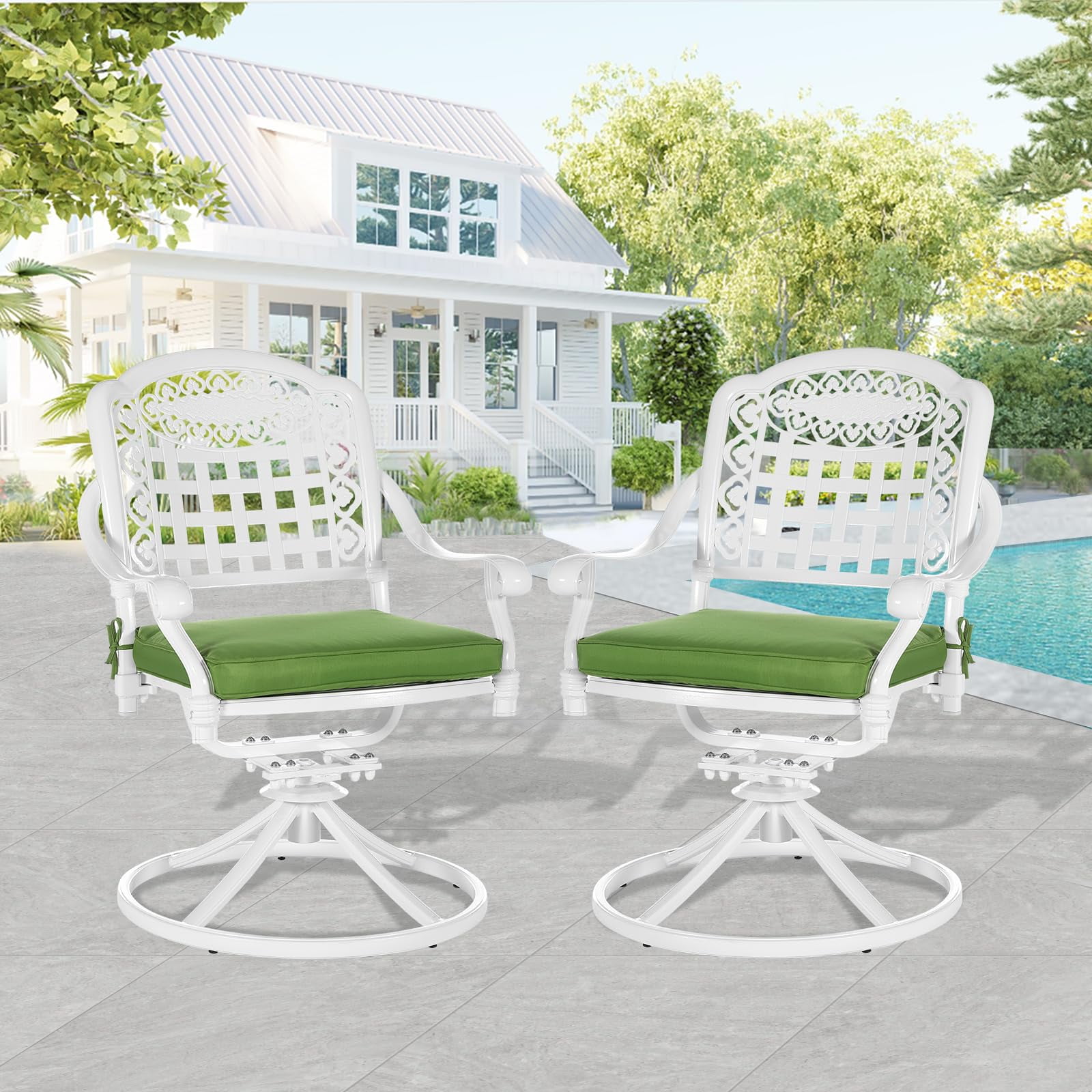 MEETWARM 2 Piece Patio Dinning Swivel Chairs Rocker, Outdoor All-Weather Cast Aluminum Chairs with Cushions, Patio Bistro Dining Chair Set for Garden Deck Backyard, White