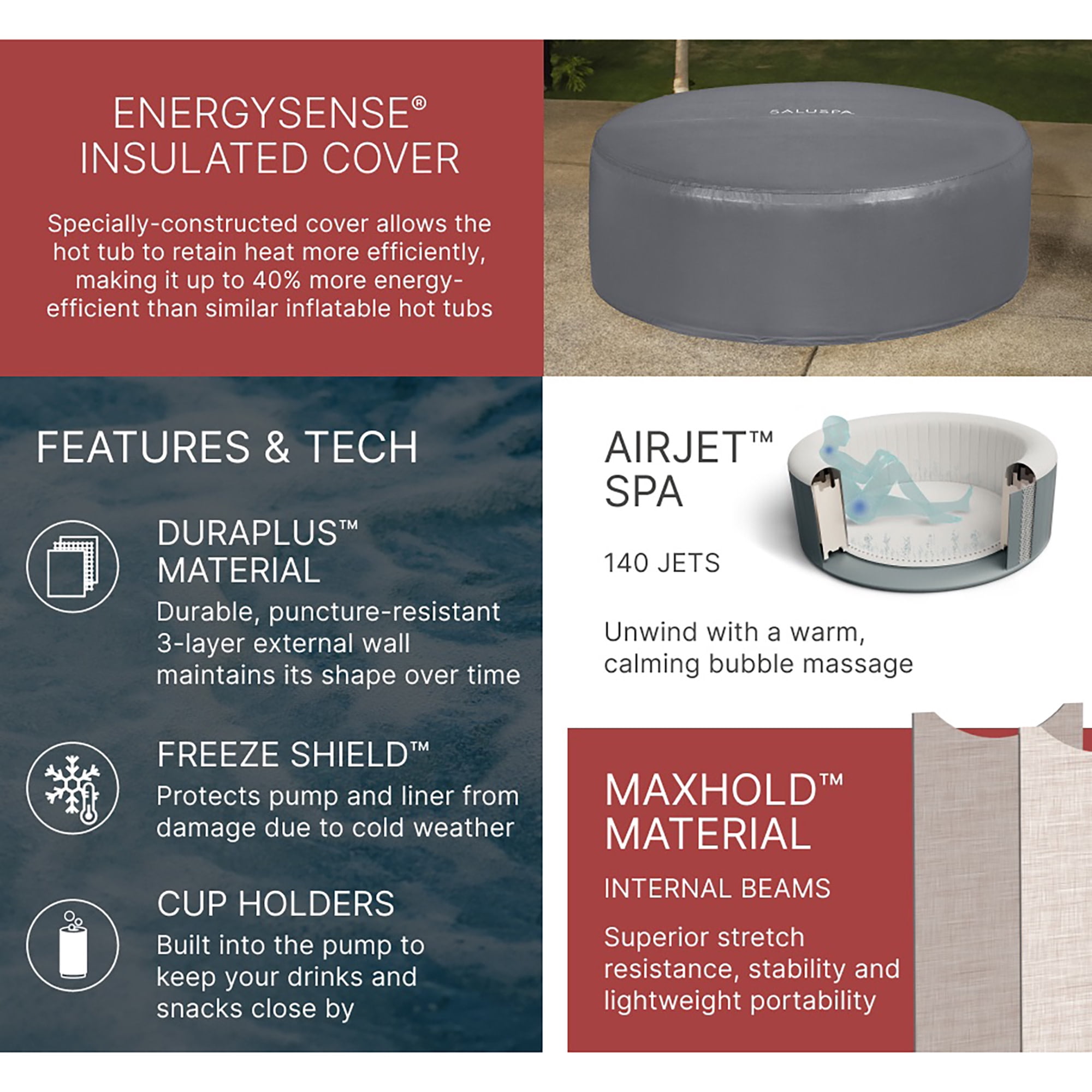 Coleman: SaluSpa Palm Springs EnergrySense - 4-6 Person, Green Inflatable Hot Tub Set, 140 AirJet Massage Bubbles, Covers-Filter-Pump, Freeze-Shield
