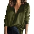 thumbnail image 2 of DondPO Long Sleeve Shirts Dress Shirts for Women Satin Women'S Shirt Soft Top Color Solid Temperament Casual Silky V Neck Women Shirts Womens Tops Flannel Shirt Army Green XXL, 2 of 8