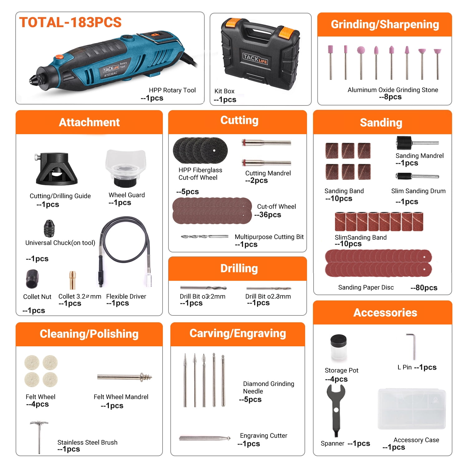 Carrying Case Multi-Functional For Around-The-House And Crafting Projects Grey RTD36AC Rotary Tool 200W Power Variable Speed With 170 Accessories MultiPro Keyless Chuck And Flex Shaft 