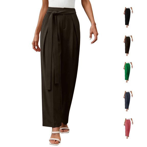 hoksml Women's High Waist Pleated Dress Pants Tie Design Casual Long Trousers with Pockets