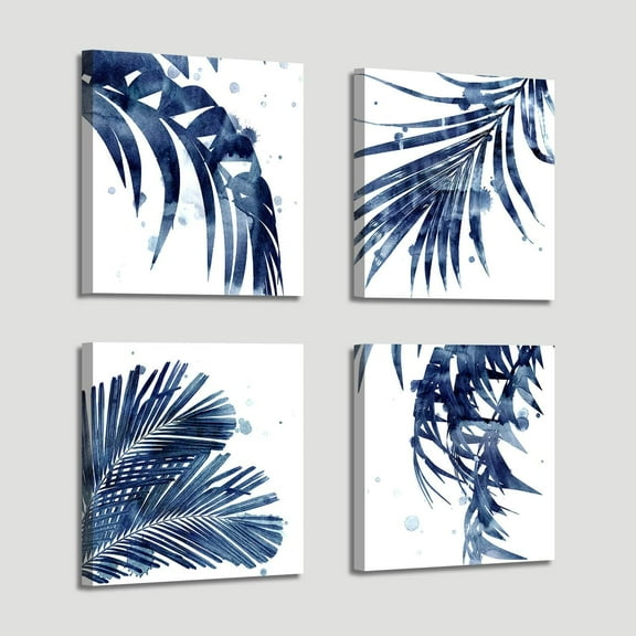 Leaf Artwork Paintings Wall Art: Palm Leaves Picture Print on Canvas for Office Bedroom (12" W x 12" H x 4 PCS, Multi-Sized)
