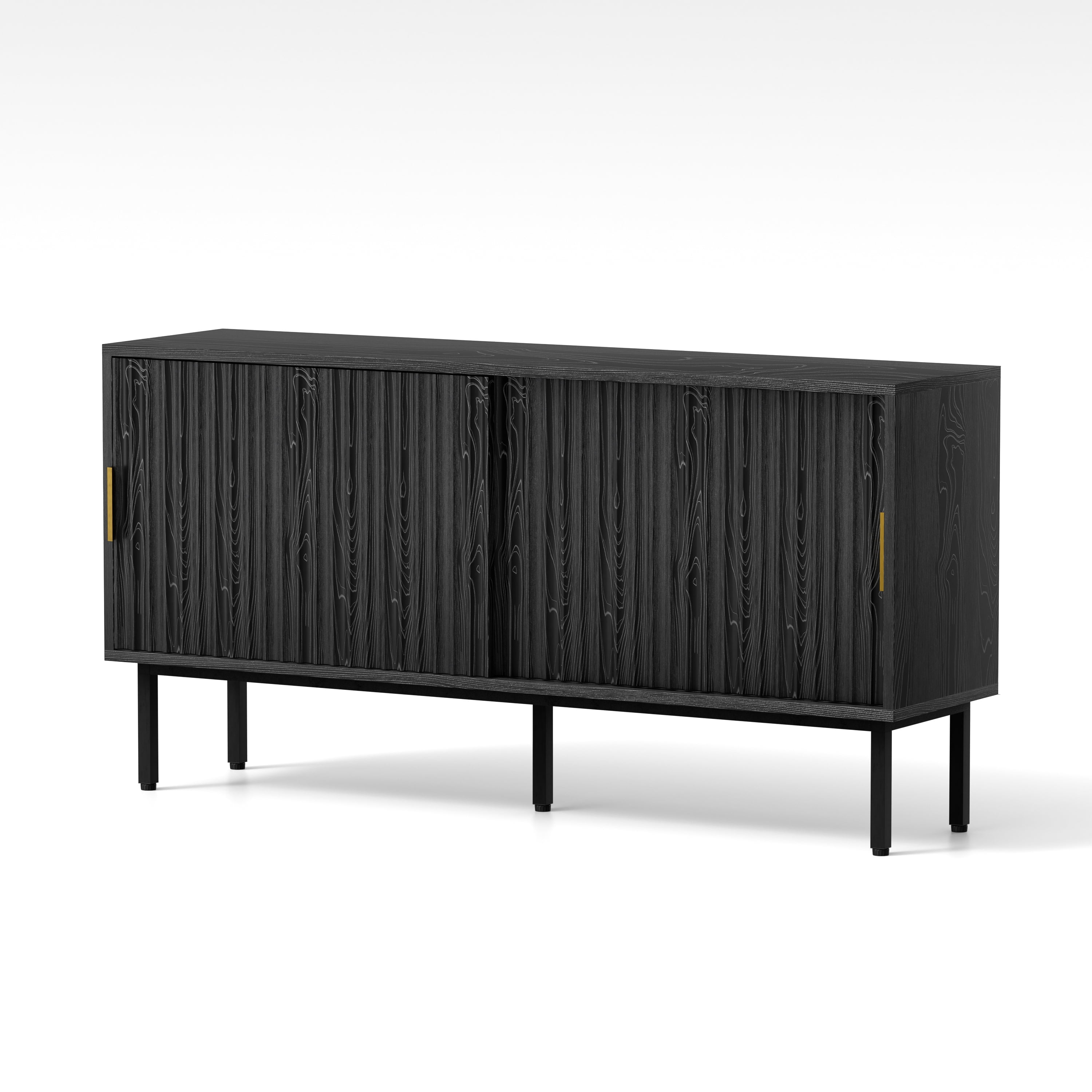 EYYTHUNG Fluted TV Stand with Sliding Doors, 47" Mid Century Entertainment Center with Adjustable Shelf, Wooden Media TV Console with Storage Cabinet, Black
