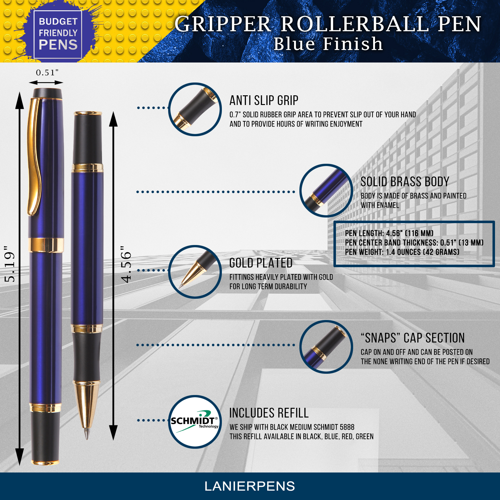 Gripper Roller Ball Pen - Blue with OS Single Gift Box Rosewood