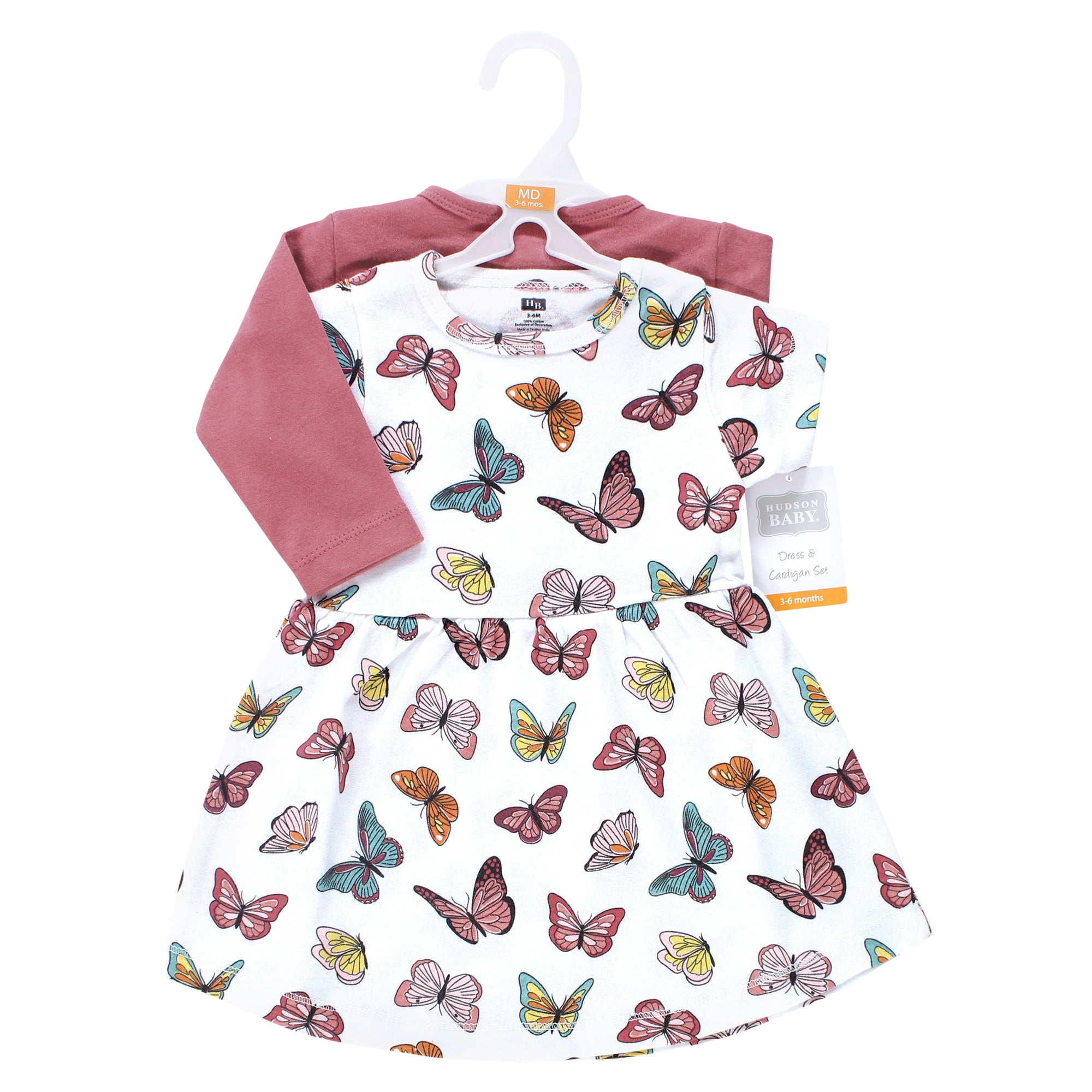 Hudson Baby Infant and Toddler Girls Cotton Dress and Cardigan Set, Mauve Butterflies, 2T