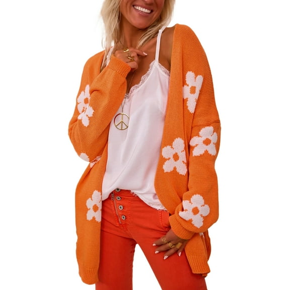 Women's Orange Floral Print Knitted Open Front Loose Cardigan - [ZhiHiMeRi] | (US 12-14)L
