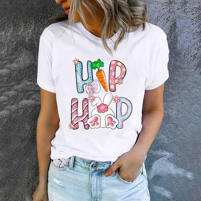 EGNMCR Chemise de Pâques pour Femmes Chemises Imprimé de Pâques T-shirt Col Rond Mode et Confortable Haut à Manches Courtes Col Rond/chemise T-Shirts pour Femmes