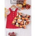 thumbnail image 3 of xiaxaixu Girls Halloween 2 Piece Outfits Long Sleeve Pumpkin Print Tops Solid Color Button Overall Dress Sets, 3 of 10