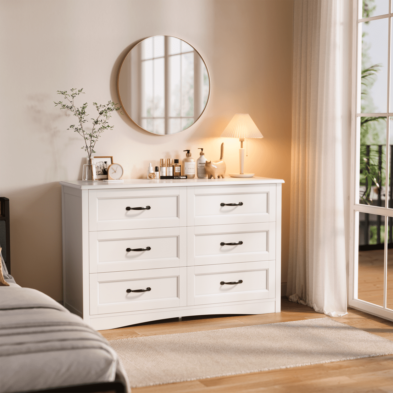 Asofer 6-Drawer White Dresser Cabinet, Sturdy Wood Double Chest for Bedroom