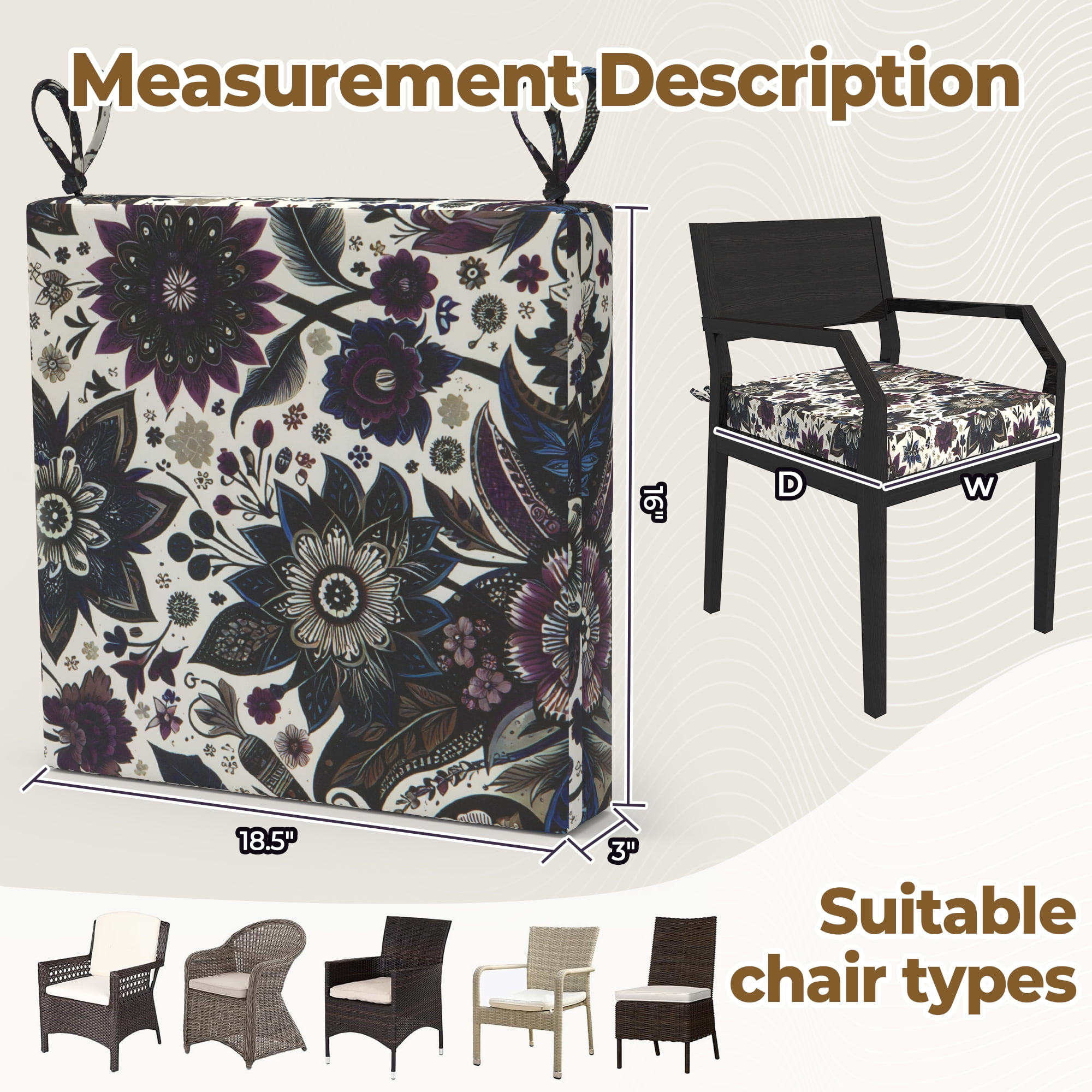 PYPUMSA Outdoor Chair Seat Pads Cushions Set of 4 for Patio Furniture, Water-Resistant Patio Chair Cushions with Ties, High Density Foam Outdoor Seat Cushion, 18.5" X 16" X 3",Black Flower