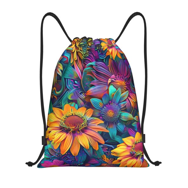 Xecao Psychedelic Sunflowers Pattern Sports Drawstring Backpack - String Swim Gym Bag with Wet Proof Pocket for Women&Men-Small