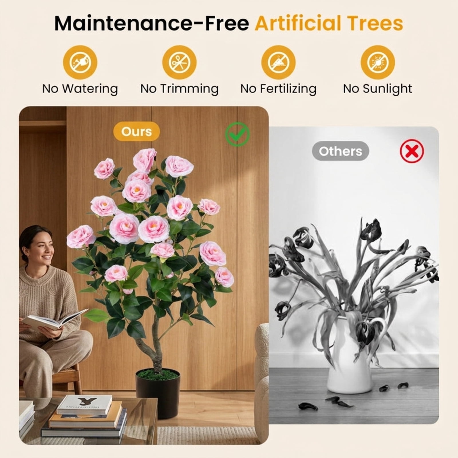 Vebreda 35.5 Inch Artificial Camellia Tree, Pink Faux Flower Plant in Cement-Filled Pot, Lifelike Fake Tree for Indoor Outdoor Home Office Decor
