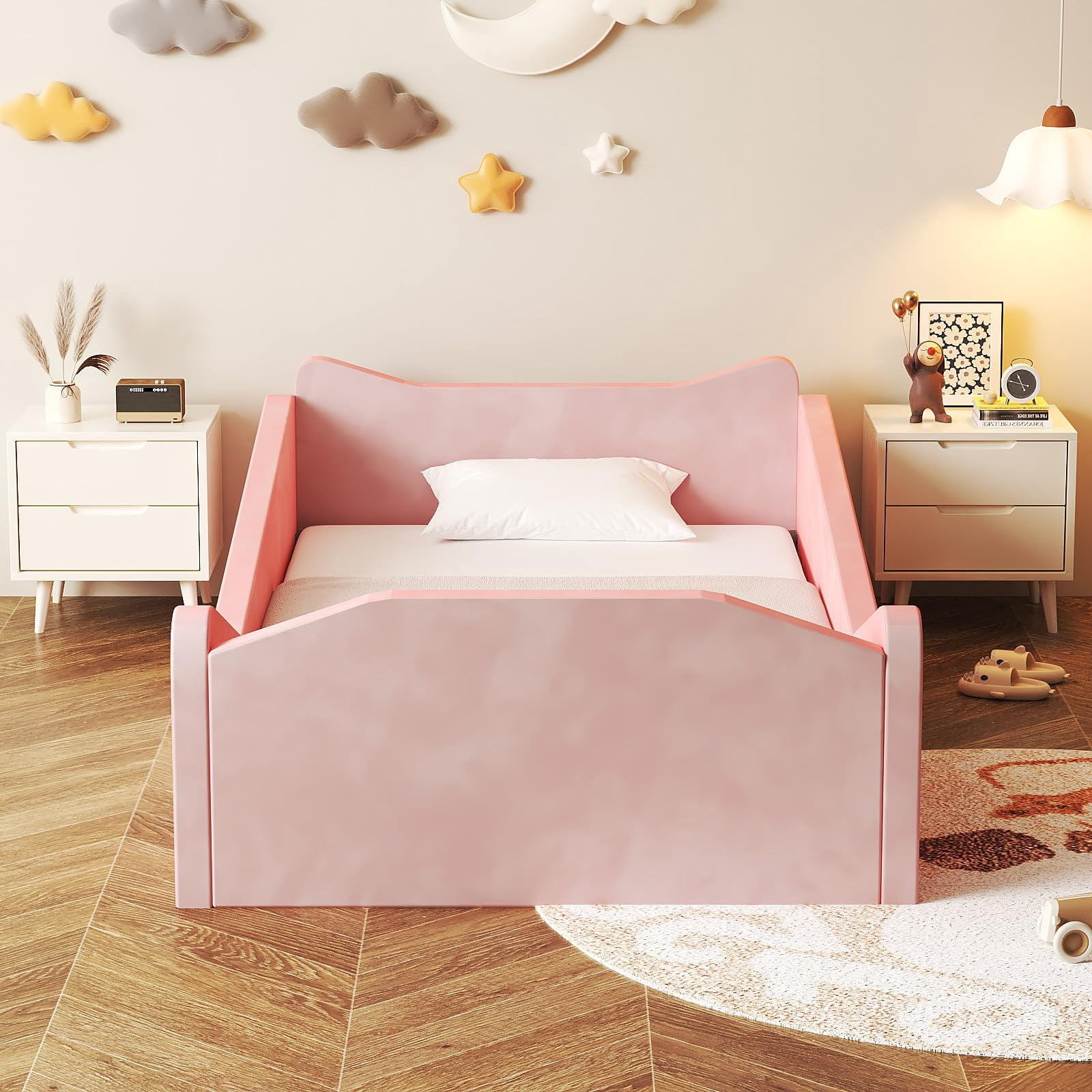 Zimtown Wood Bed, Floor Bed with Safety Guadrail, Montessori Bed with Soft Velvet Wood Bed, Mattress not Included (Pink)