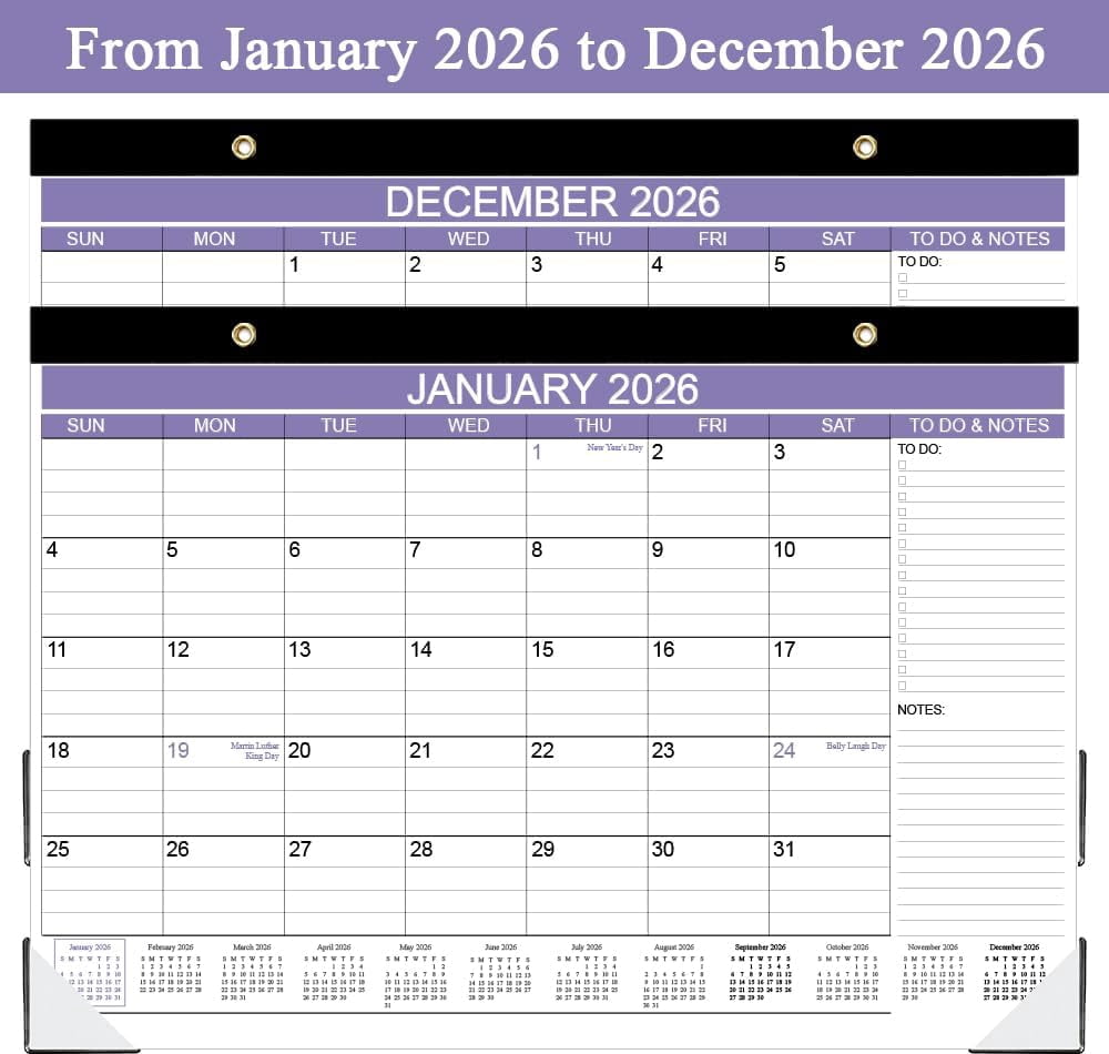 2026 Desk Calendar - Calendar 2026 from January 2026 - December 2026, Desk Calendar 2026 with to-do List, 12" x 17", Purple