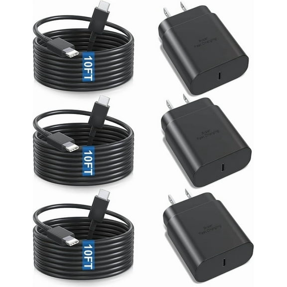 10FT USB C Fast Charger Cable Fit for Samsung Galaxy Z Fold 7/6/5/4/3/2 5G, Galaxy Z Flip 7/7FE/6/5/4/3 5G Android Phone 25W Super Charging Block Adapter with USB C to Type C Power Cord 3-Pack