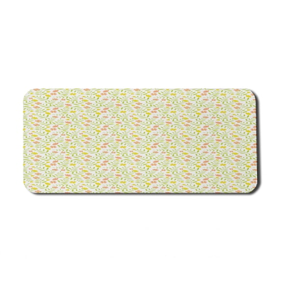Abstract Computer Mouse Pad, Nursery Concept of Tiny Twiggy Tulips and 4 Petal Flowers, Rectangle Non-Slip Rubber Mousepad X-Large, 35" x 15" Gaming Size, Yellow Green Salmon, by Ambesonne