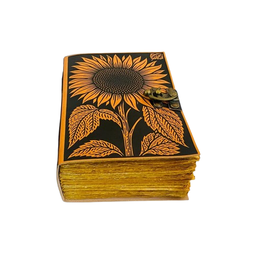 Sunflower Handmade Leather Journal – 5x7 inch – 200 Deckle Pages – Vintage Floral Notebook