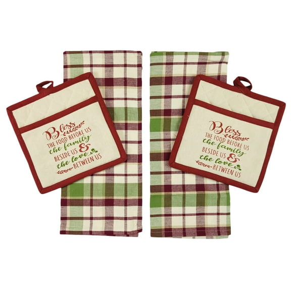 Serafina Home Fall Thanksgiving Kitchen Gift Set: Two Hand Towels and Two Matching Pot Holders Family Sentiments of Love and Thanks
