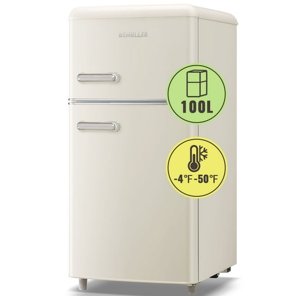 DEMULLER Retro Small Refrigerator with Freezer Mini Fridge 7 Modes Temperture Setting Cream White