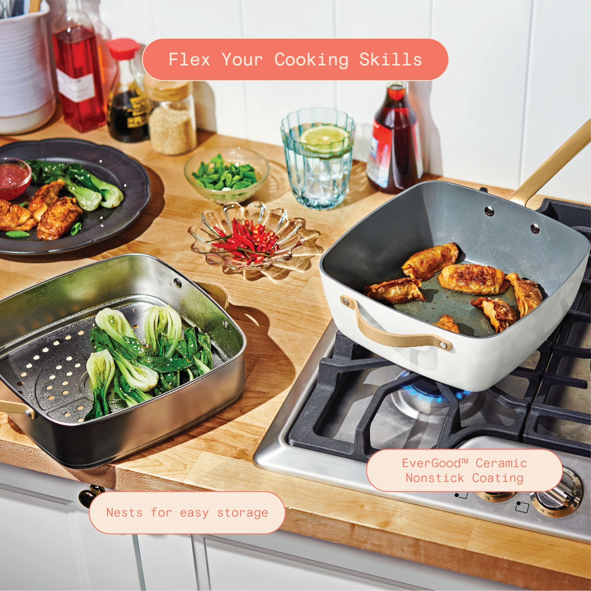 Beautiful by Drew Barrymore 4-Piece 4.5 qt Ceramic Non-Stick Square Pan Cookware Set, White Icing
