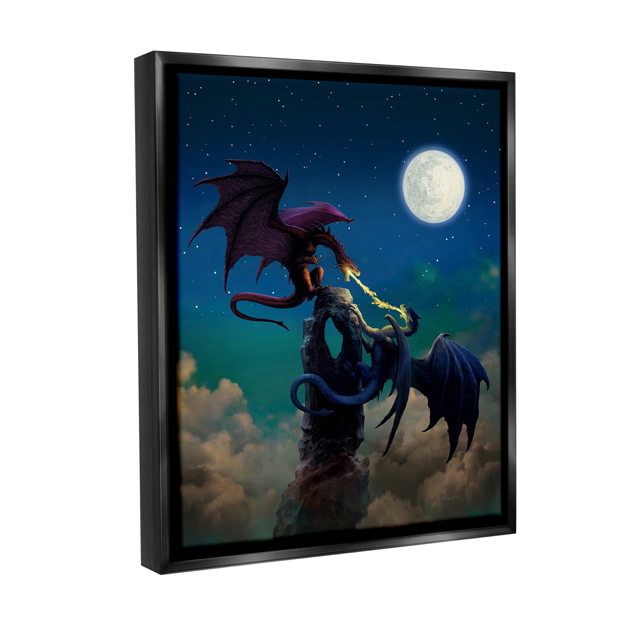 Stupell Industries Battling Dragons at Night Fairy Tales & Fantasy Painting Black Floater Framed Canvas Art Print Wall Art, 25 x 31